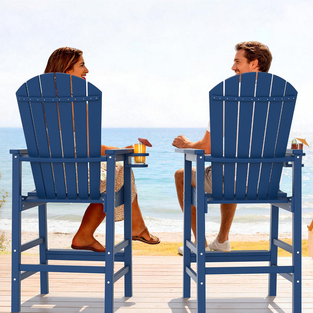 Tall Adirondack Chairs Set of 2, All-Weather Plastic with Cup Holders, Navy Blue A816