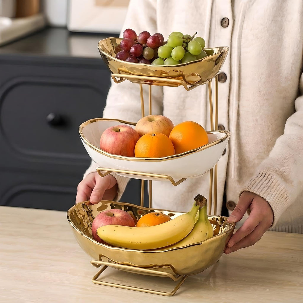 3-Tier Gold Fruit Bowl & Tray with Metal Stand V237