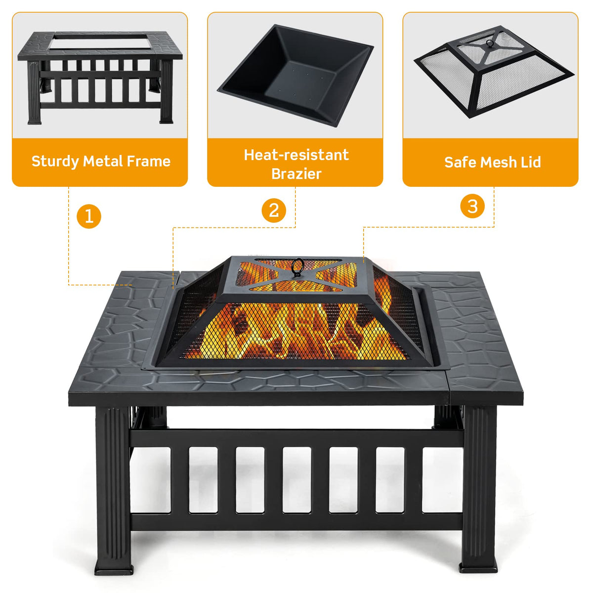 32 Inch Square Steel Wood Burning Fire Pit I165956