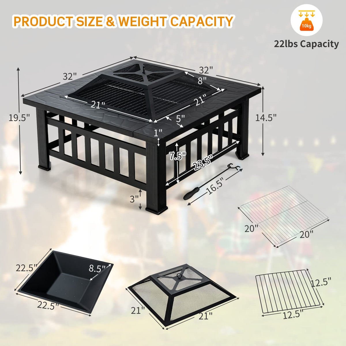32 Inch Square Steel Wood Burning Fire Pit I165956