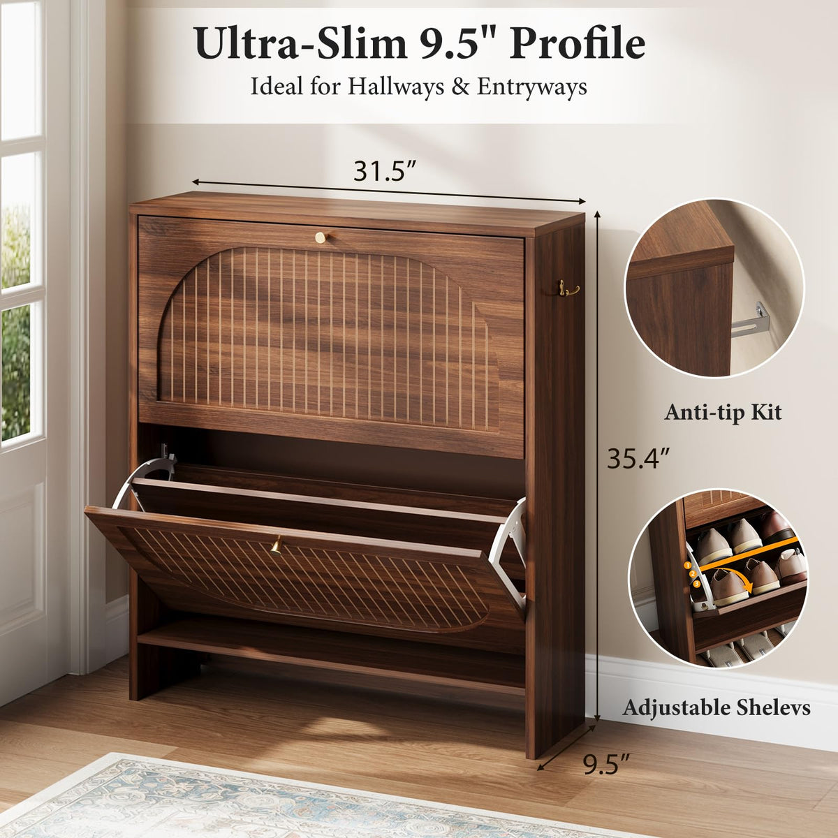 Luminous Walnut Shoe Storage Cabinet with Adjustable Shelves W6689