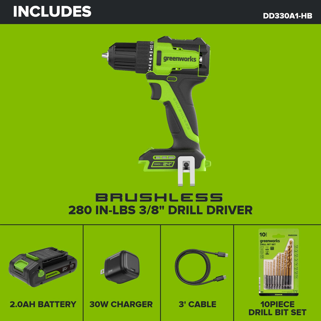 24V Cordless Brushless 3/8" Drill/Driver with 2.0Ah Battery and 10PC Titanium Drill Bit Set X4093