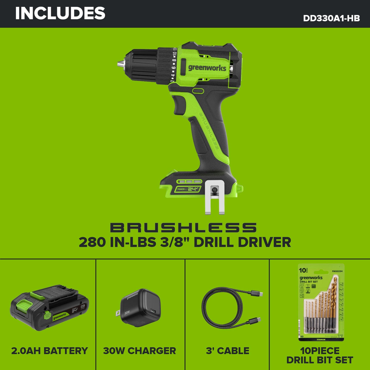 24V Cordless Brushless 3/8" Drill/Driver with 2.0Ah Battery and 10PC Titanium Drill Bit Set X4093