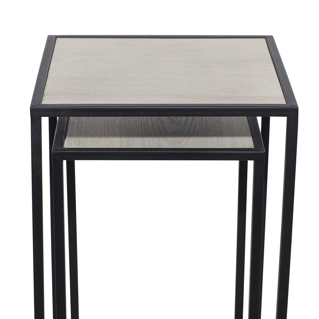 Black Metal End Table with Brown Wood Tops, Set of 2 D283887
