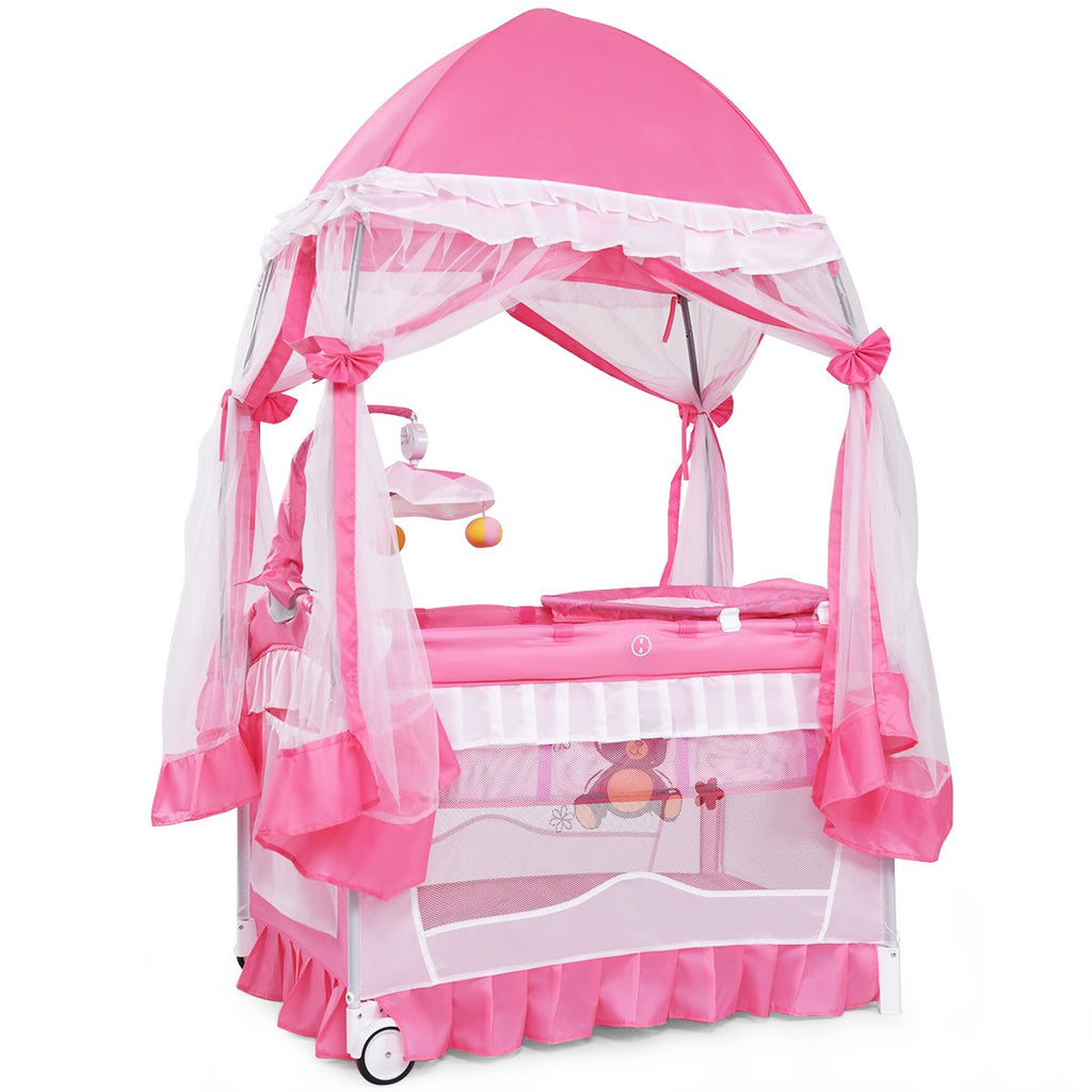 4 in 1 Pack and Play with Canopy, Portable Playard with Bassinet B448
