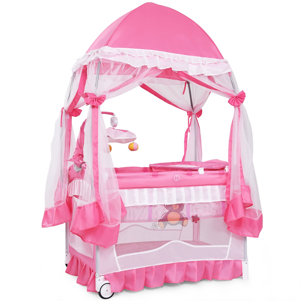 4 in 1 Pack and Play with Canopy, Portable Playard with Bassinet B448