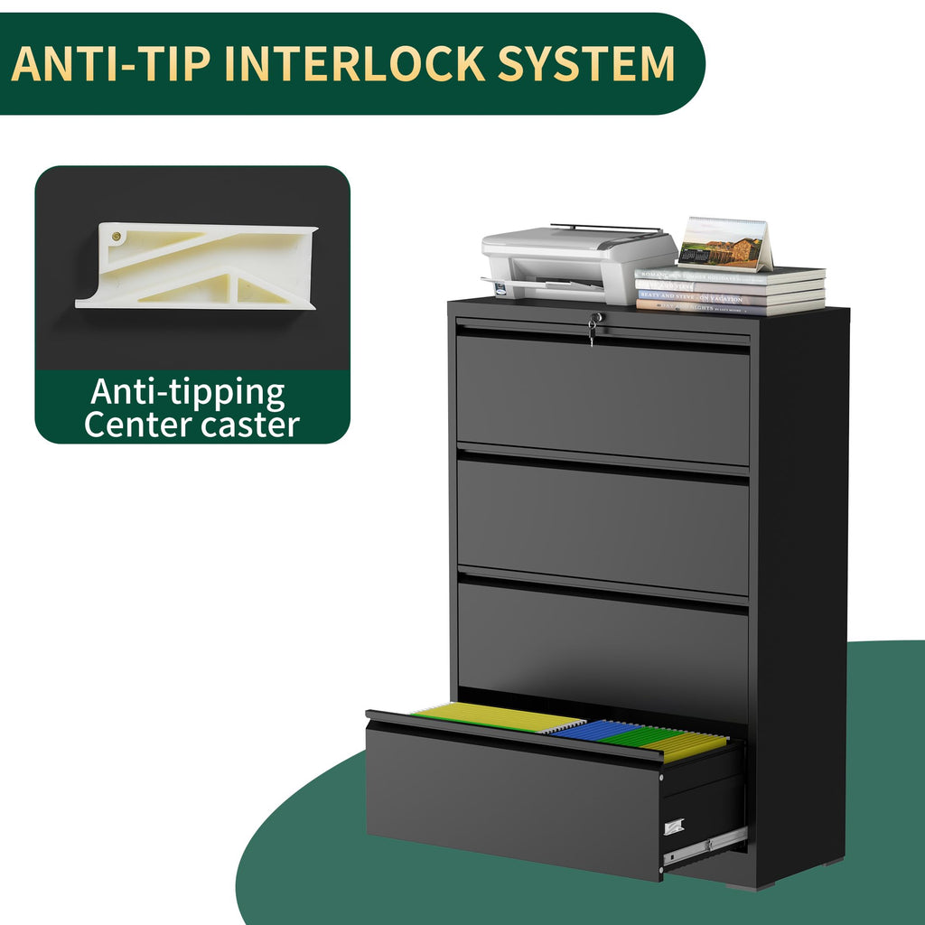 Black 4 Drawer Metal File Cabinet with Lock R52590