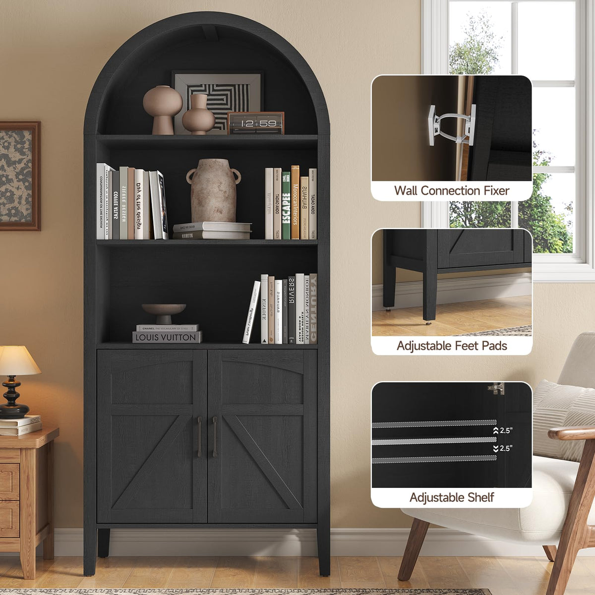 Black 5-Tier Arched Bookshelf with Door L10399