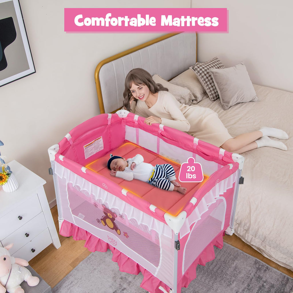4 in 1 Pack and Play with Canopy, Portable Playard with Bassinet B448