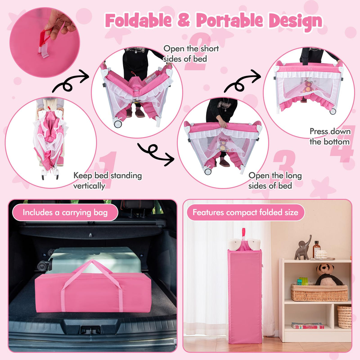 4 in 1 Pack and Play with Canopy, Portable Playard with Bassinet B448
