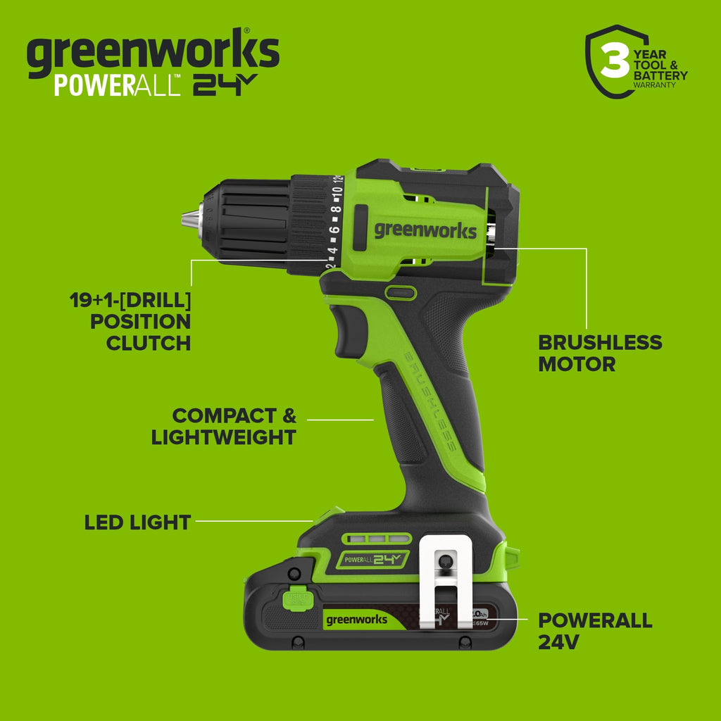 24V Cordless Brushless 3/8" Drill/Driver with 2.0Ah Battery and 10PC Titanium Drill Bit Set X4093