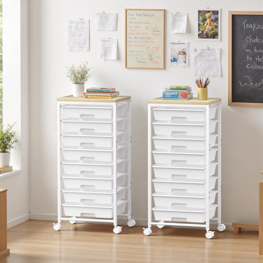 White 8 Drawer Rolling Storage Cart with Wooden Tabletop L6579
