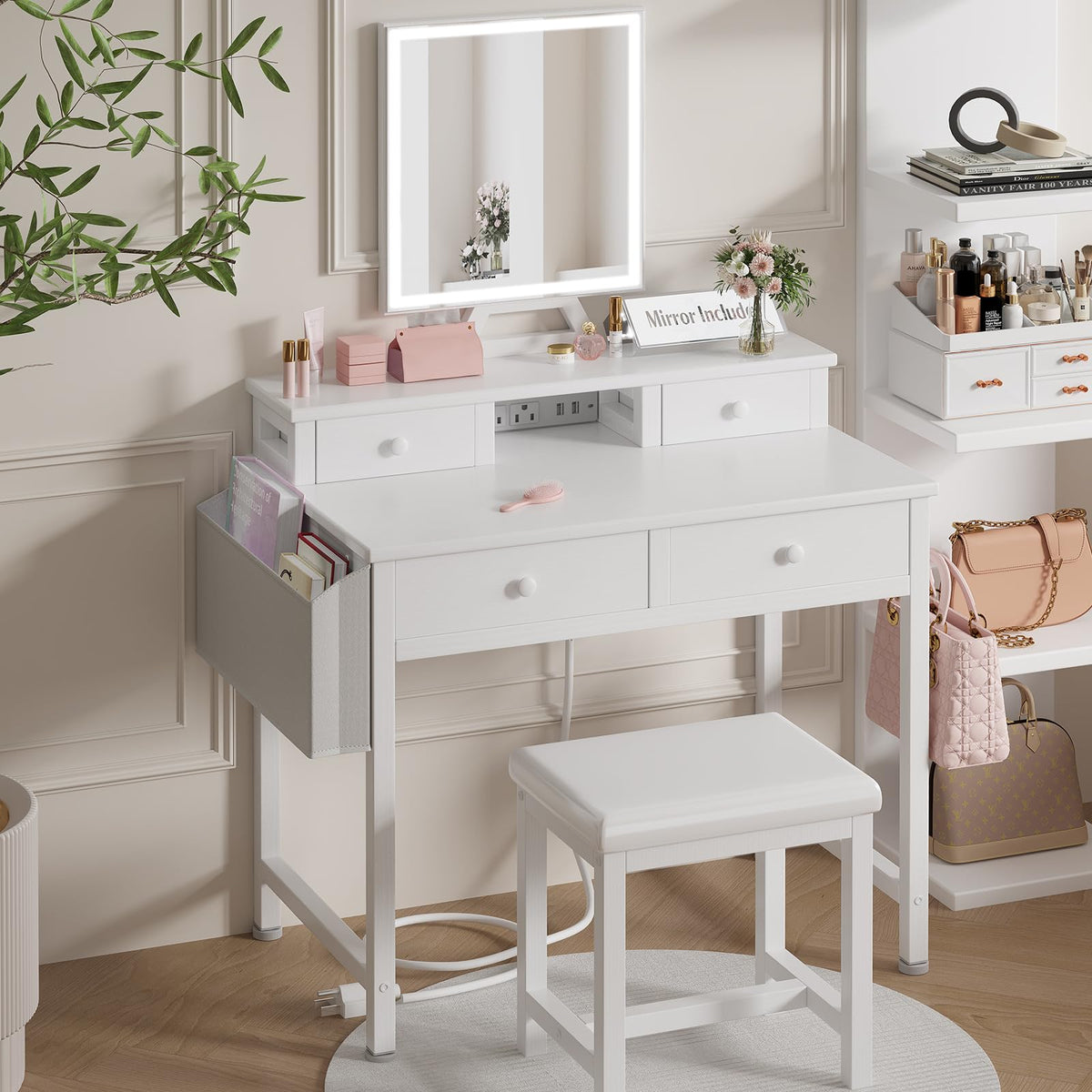 White Makeup Vanity Desk with Mirror and Lights, Chair and Drawers L967