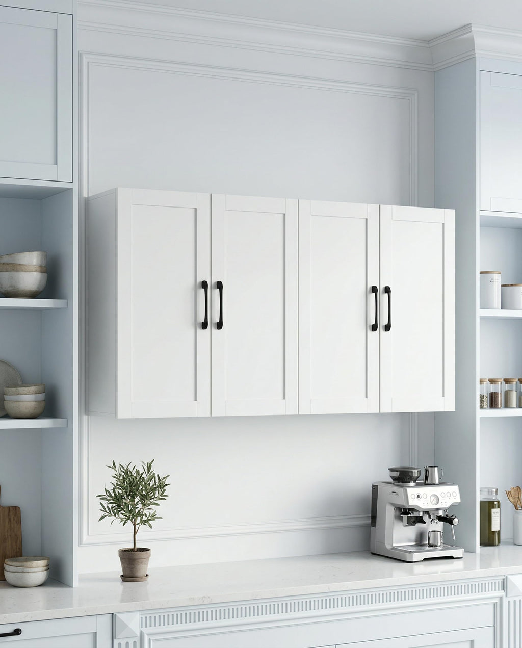 White Wall Cabinet with Adjustable Shelves and 4 Doors T81849