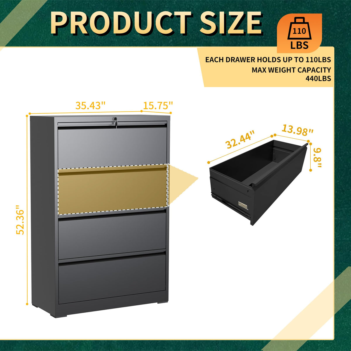 Black 4 Drawer Metal File Cabinet with Lock R52590
