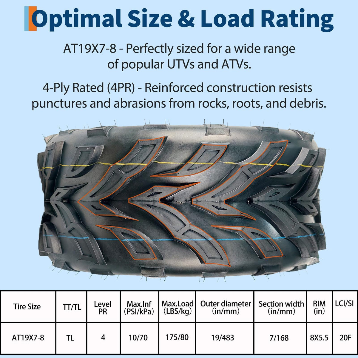 2 Pack 19x7-8 ATV Tires 4PR Tubeless All Terrain Z89091
