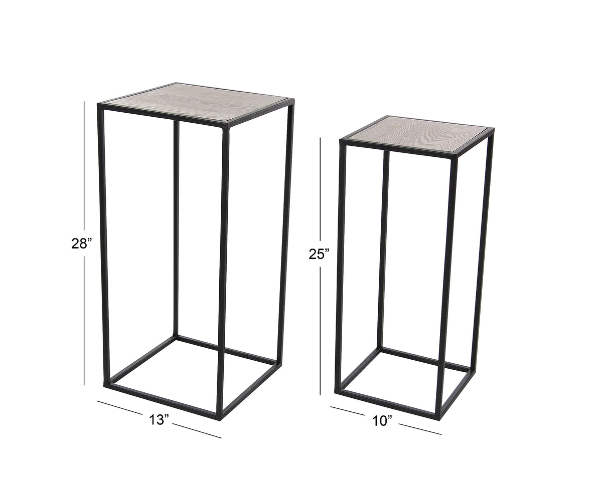 Black Metal End Table with Brown Wood Tops, Set of 2 D283887