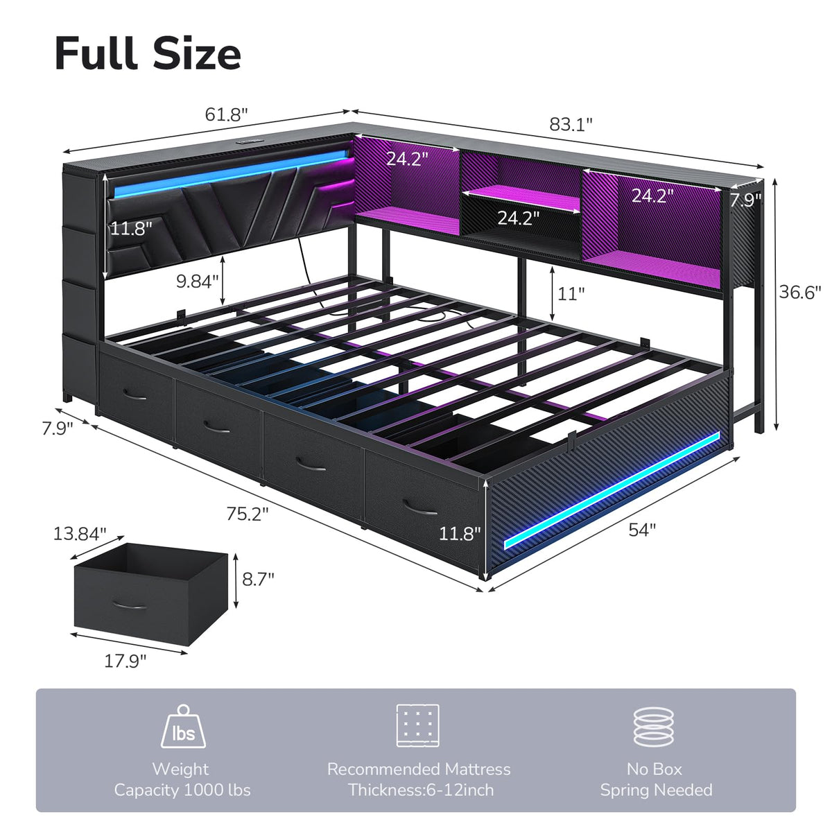 Corner Bed Frame with Storage Bookcase and 4 Drawers I717