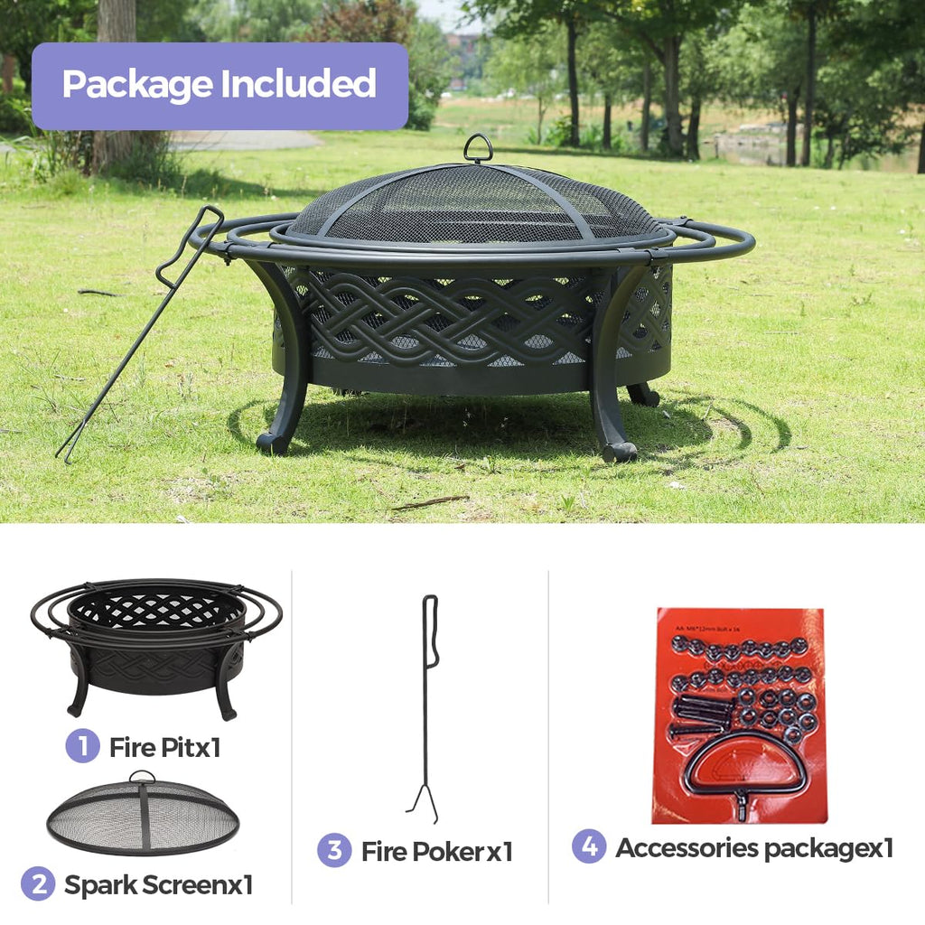 36 Inch Outdoor Fire Pit with Spark Screen Black W69554