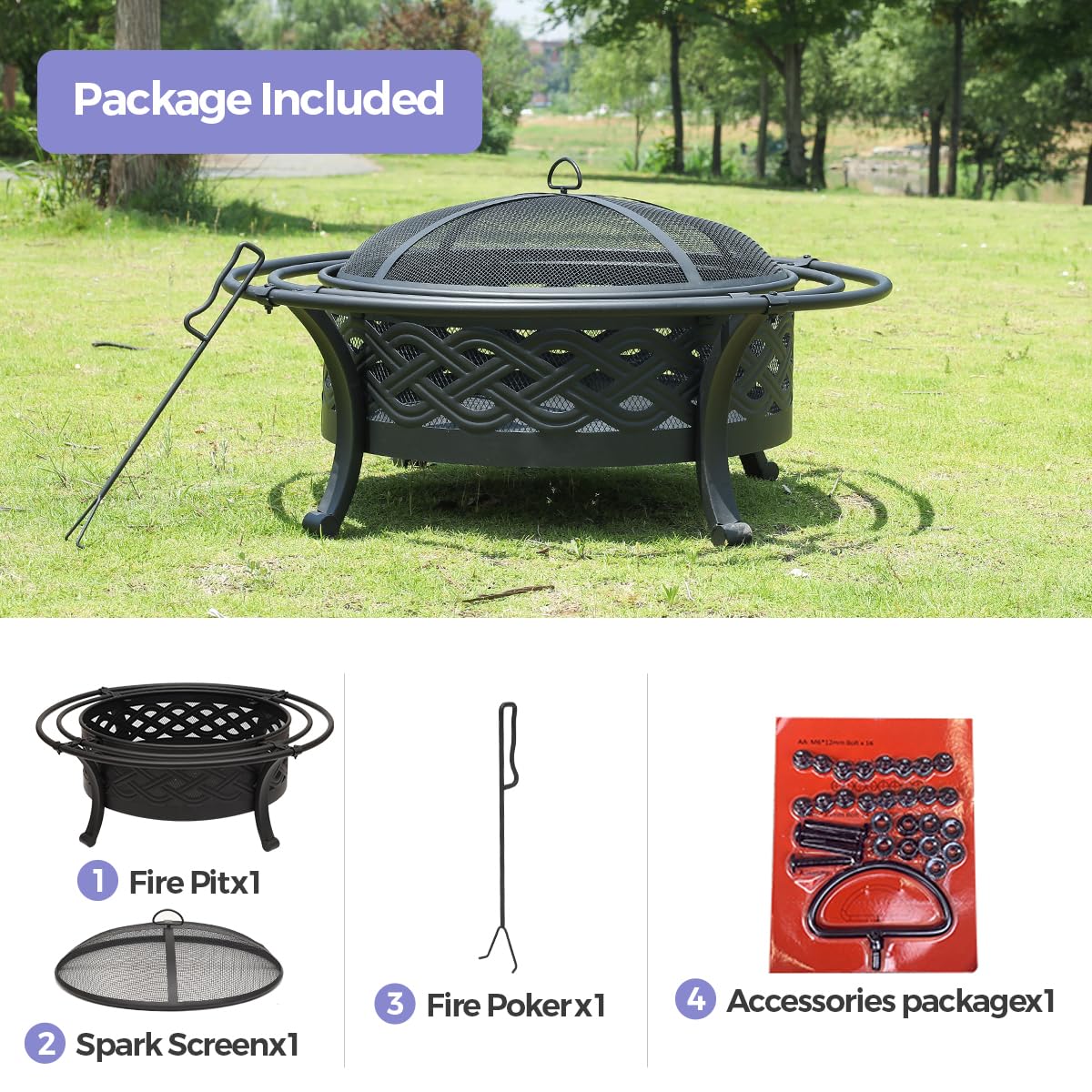 36 Inch Outdoor Fire Pit with Spark Screen Black W69554
