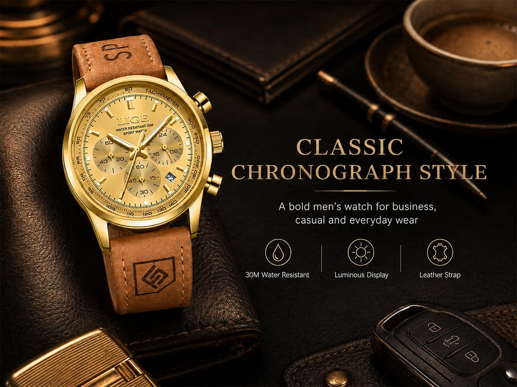 Gold-Tone Quartz Chronograph Watch Brown Leather Strap B5924