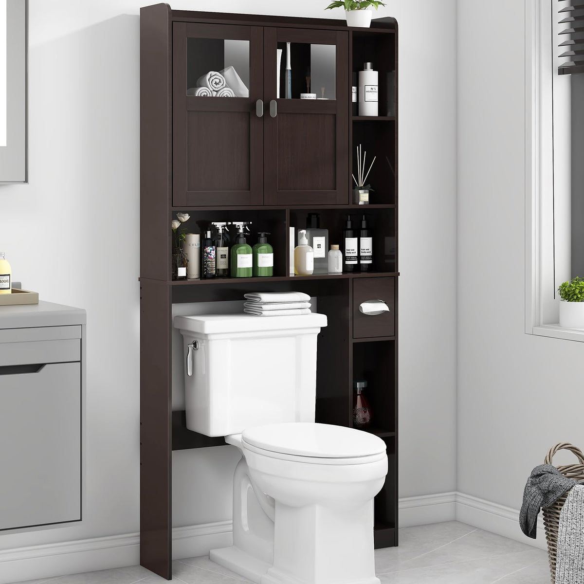 Over The Toilet Storage Cabinet with Doors and Shelves K73807