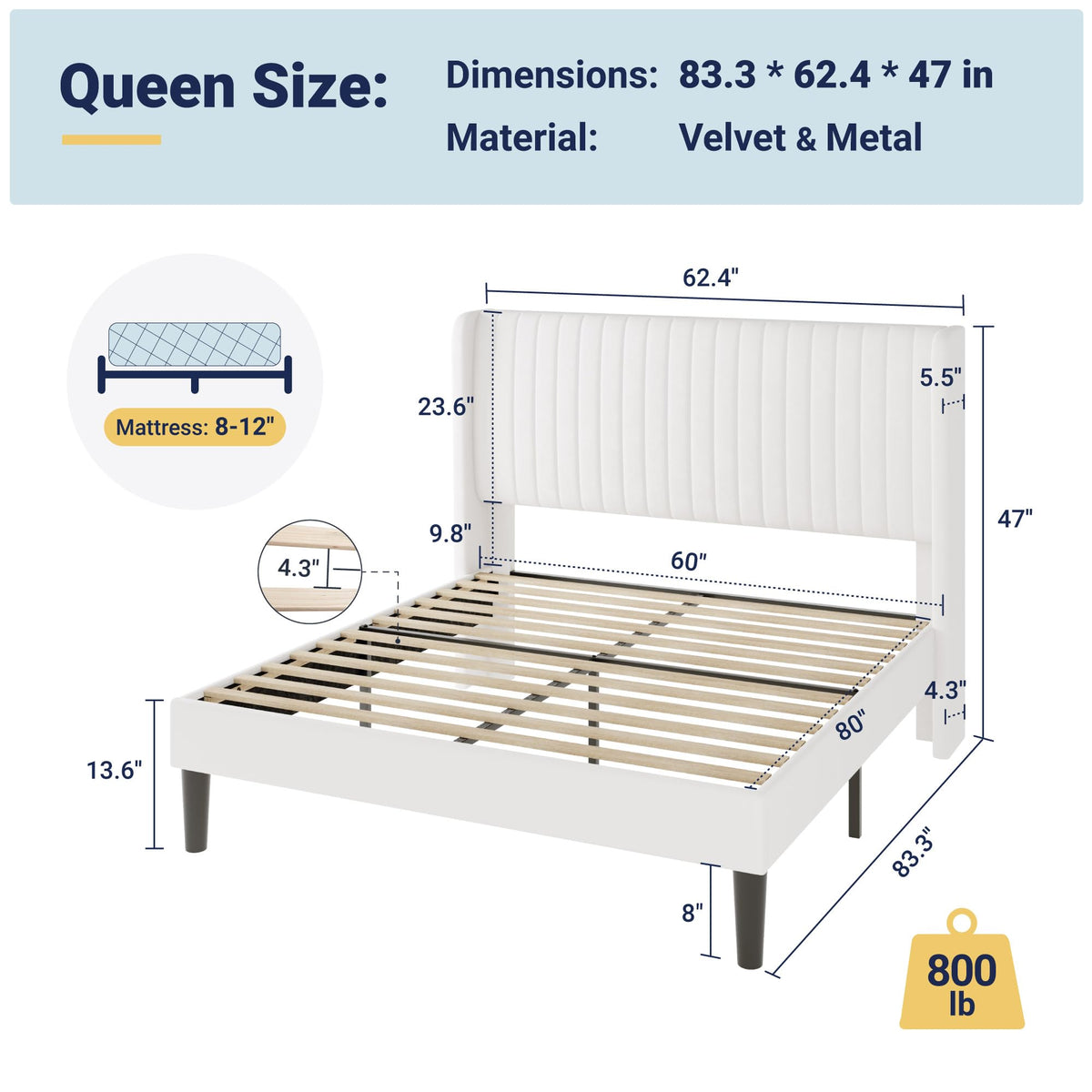 Queen Size White Velvet Upholstered Platform Bed U544558