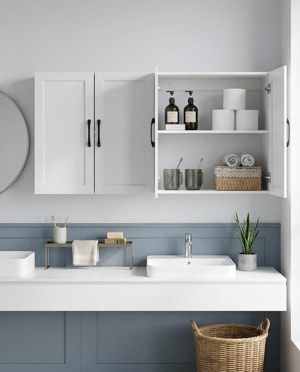 White Wall Cabinet with Adjustable Shelves and 4 Doors T81849