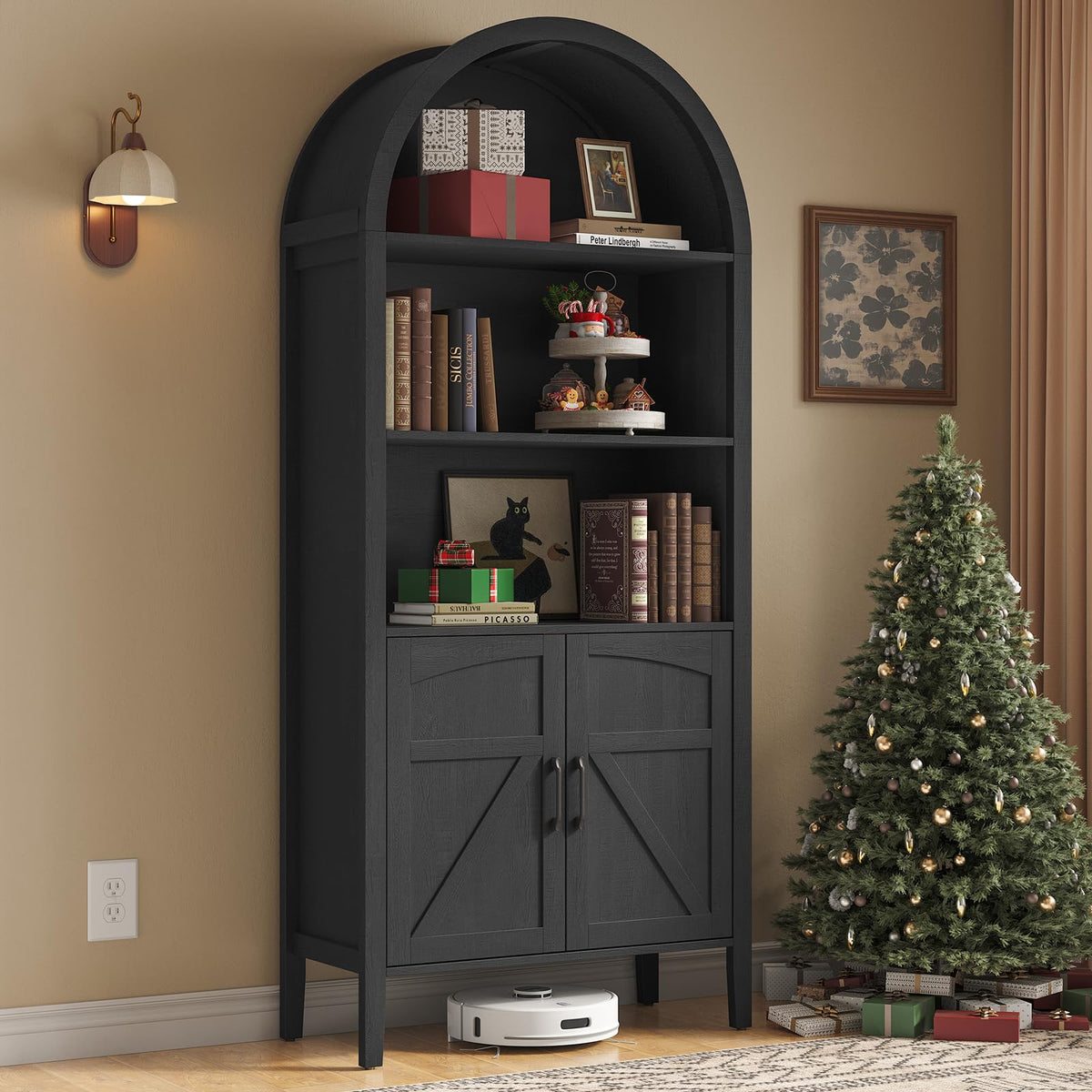 Black 5-Tier Arched Bookshelf with Door L10399