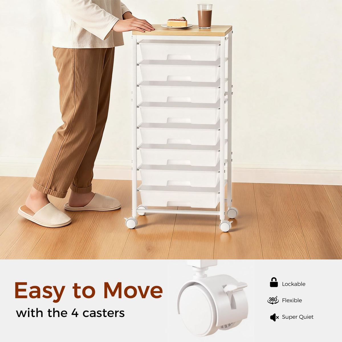 White 8 Drawer Rolling Storage Cart with Wooden Tabletop L6579