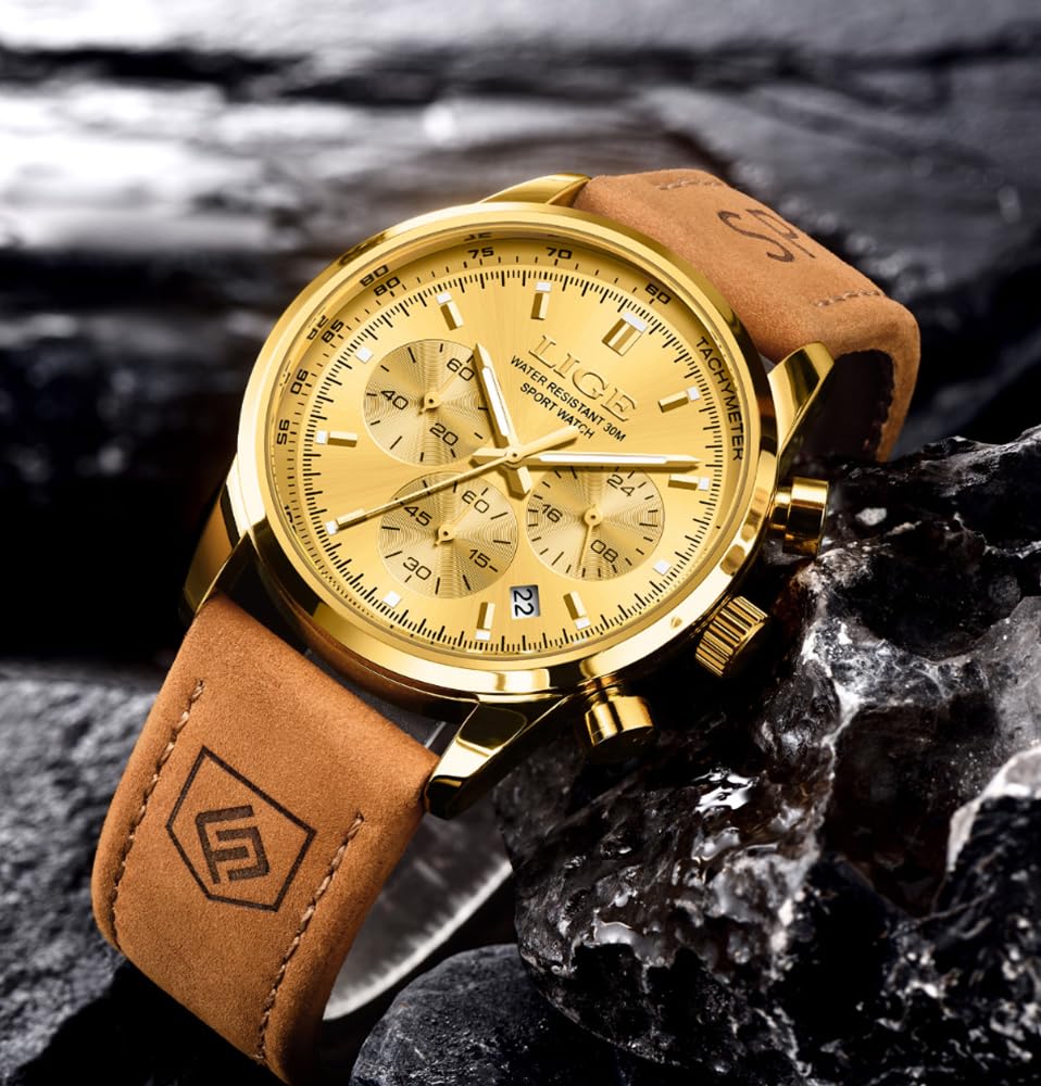 Gold-Tone Quartz Chronograph Watch Brown Leather Strap B5924