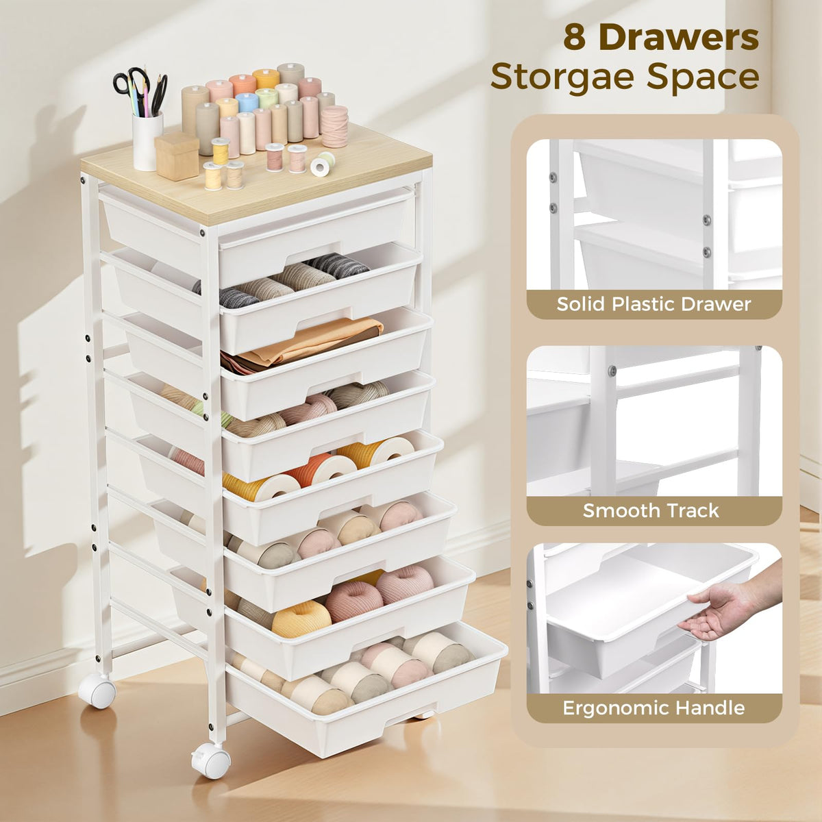 White 8 Drawer Rolling Storage Cart with Wooden Tabletop L6579