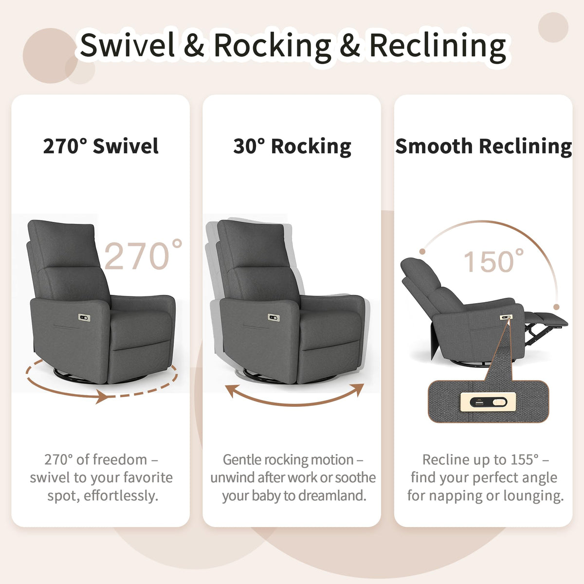 Dark Gray Velvet Swivel Recliner Chair M6294