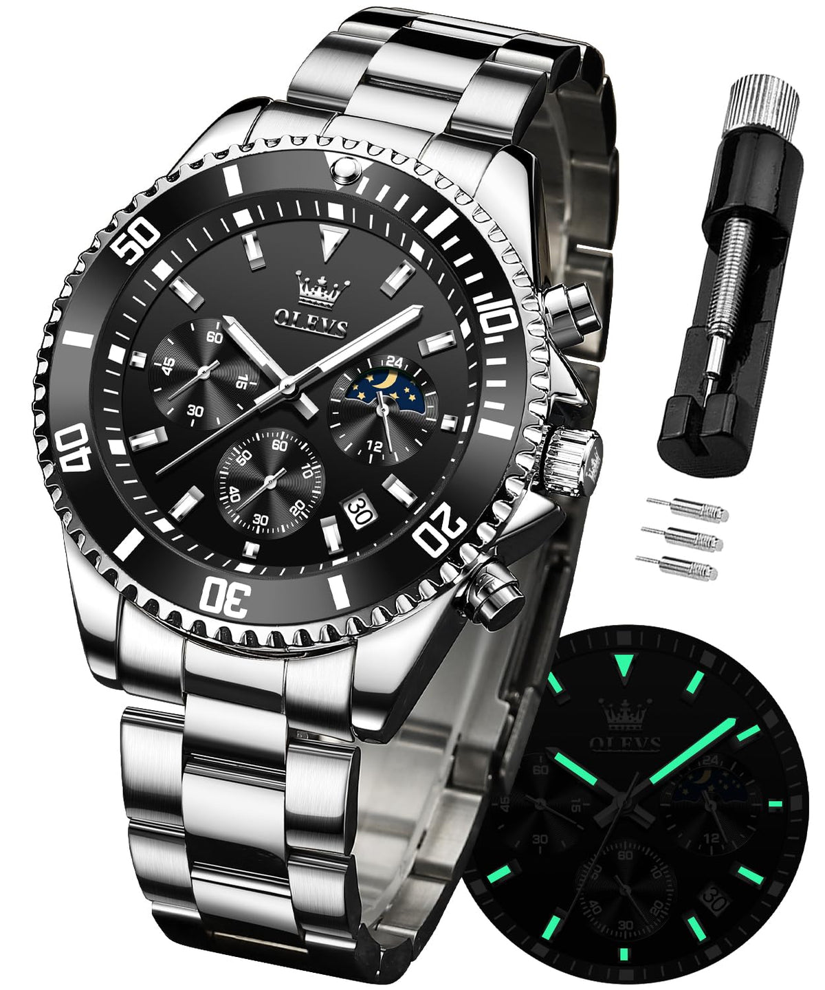 Stainless Steel Analog Quartz Chronograph Waterproof Luminous Watch M1145