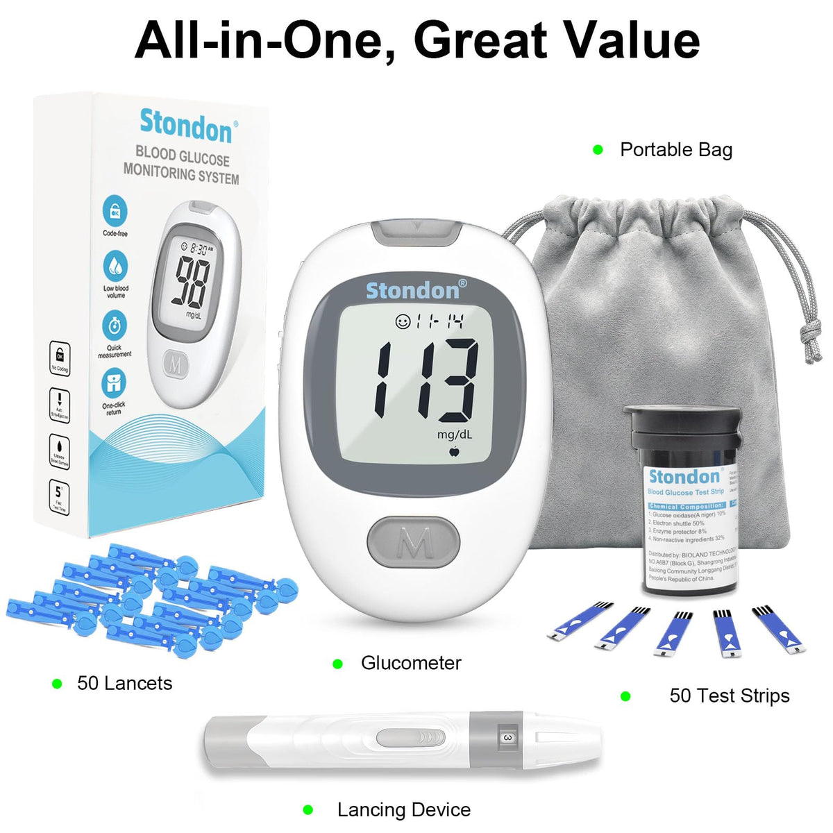 Blood Glucose Monitor Kit, 50 Strips & Lancets T27118
