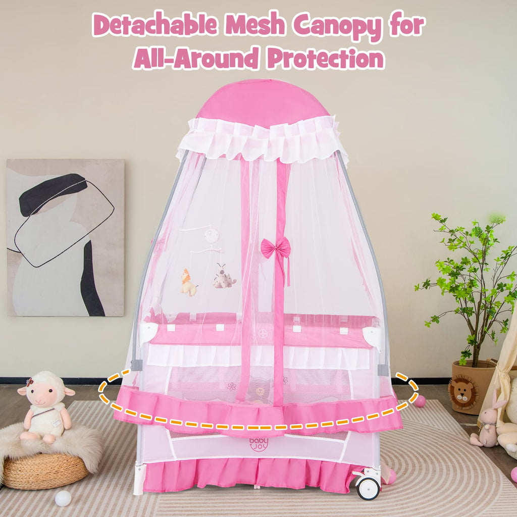 4 in 1 Pack and Play with Canopy, Portable Playard with Bassinet B448
