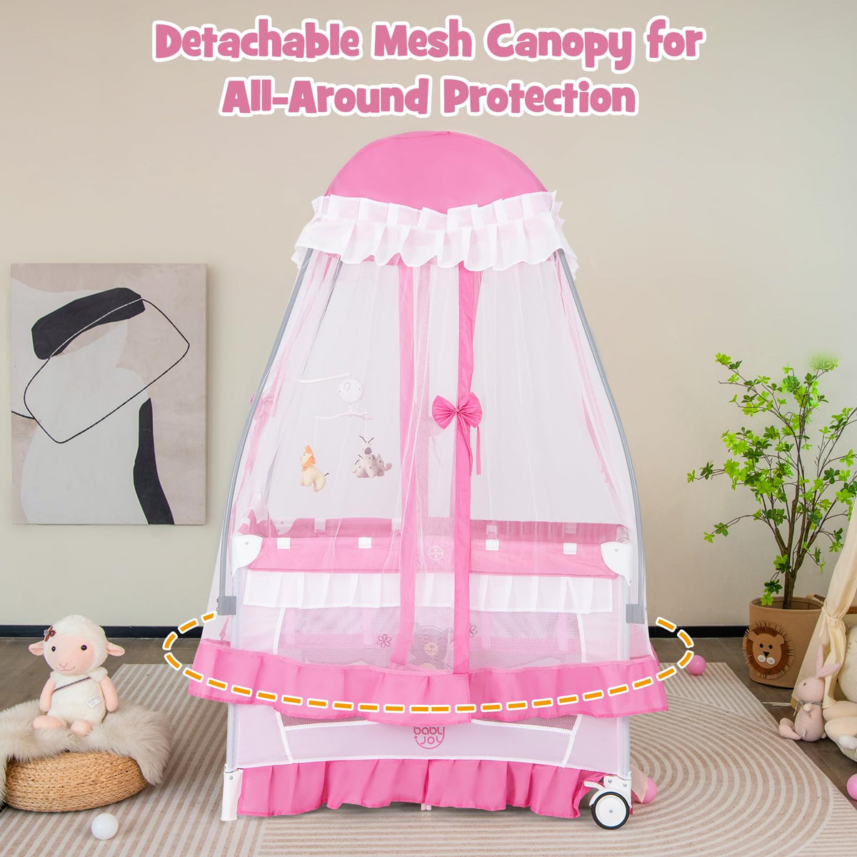 4 in 1 Pack and Play with Canopy, Portable Playard with Bassinet B448