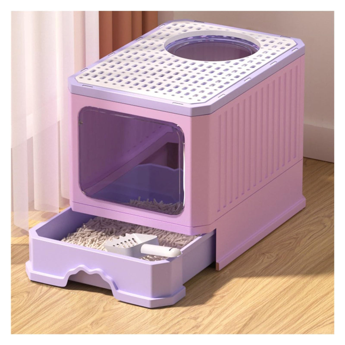 Foldable Cat Litter Box with Lid and Shovel I45493