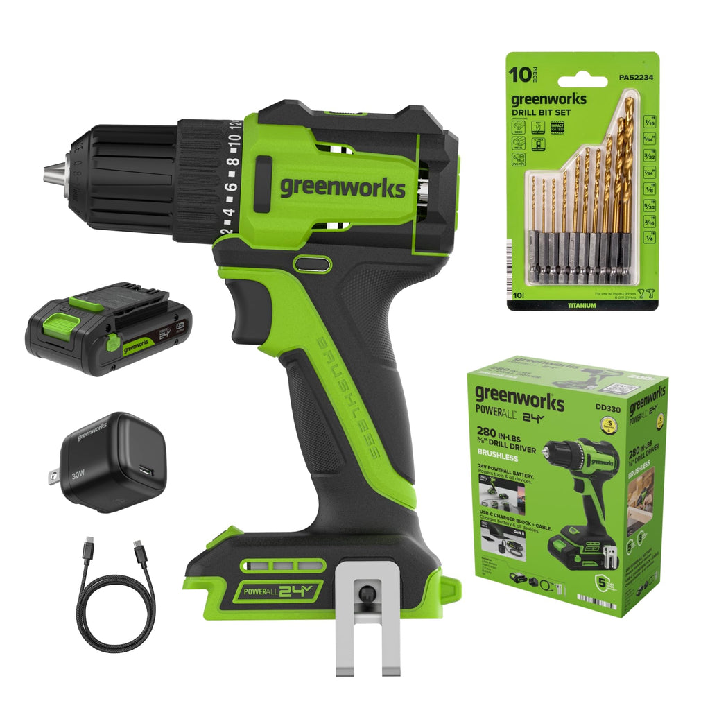 24V Cordless Brushless 3/8" Drill/Driver with 2.0Ah Battery and 10PC Titanium Drill Bit Set X4093