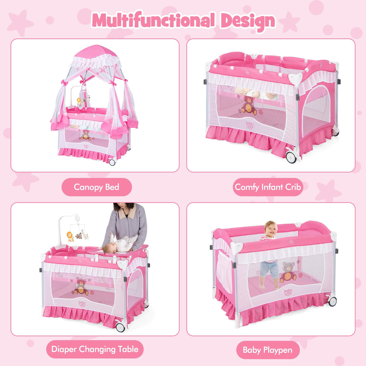 4 in 1 Pack and Play with Canopy, Portable Playard with Bassinet B448