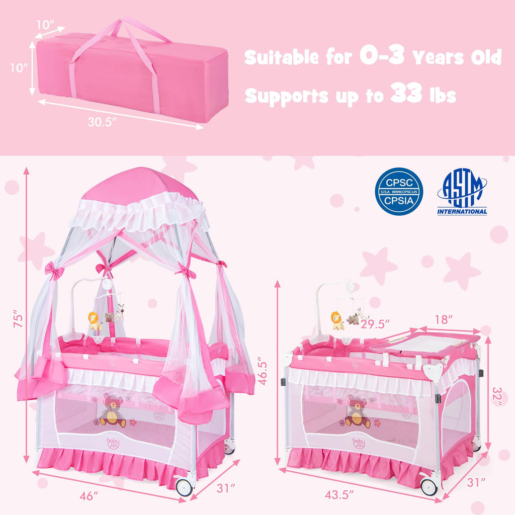 4 in 1 Pack and Play with Canopy, Portable Playard with Bassinet B448