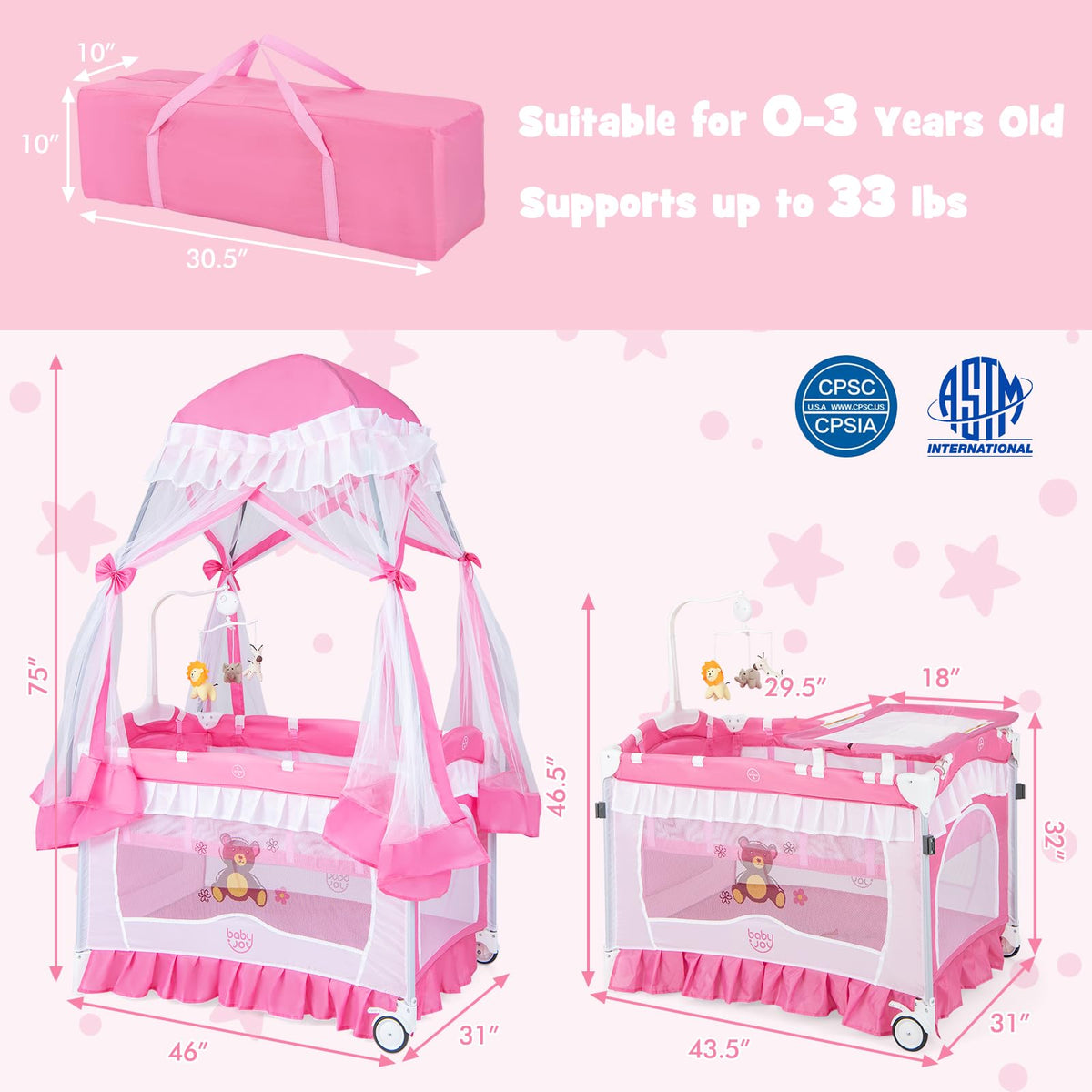 4 in 1 Pack and Play with Canopy, Portable Playard with Bassinet B448