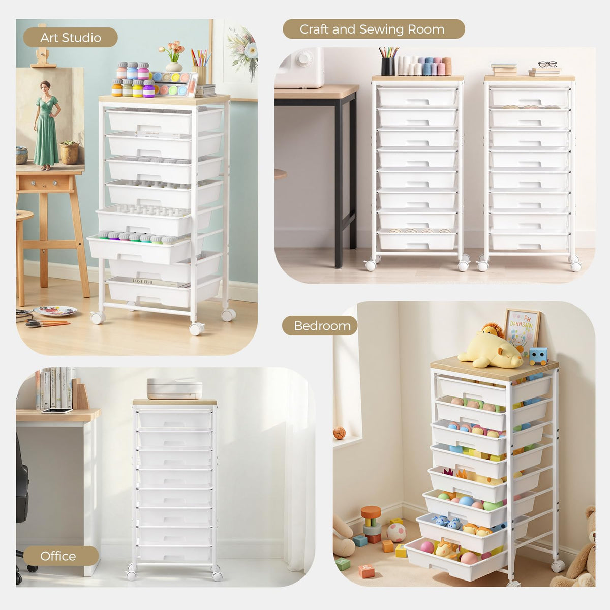 White 8 Drawer Rolling Storage Cart with Wooden Tabletop L6579