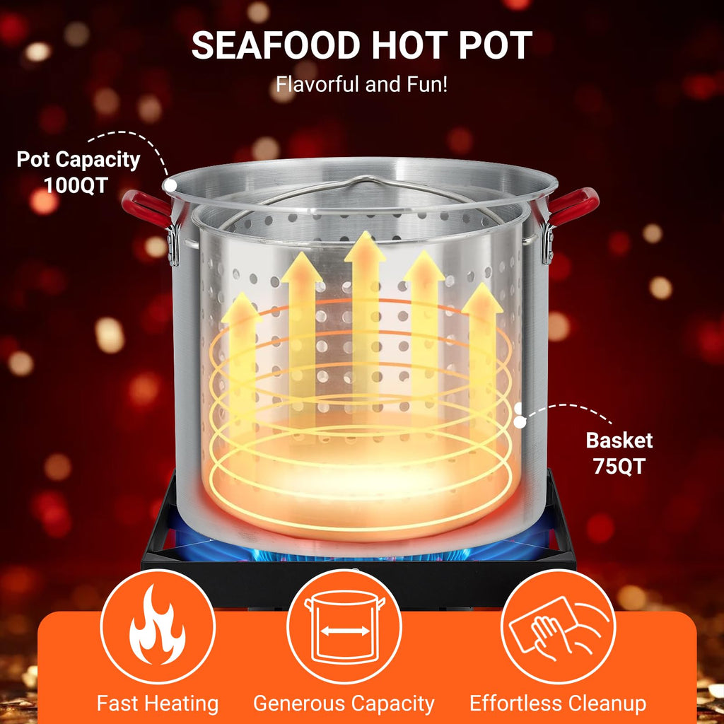 100Qt Aluminum Seafood Boil Pot with Strainer Basket and Propane Stove Burner K5439