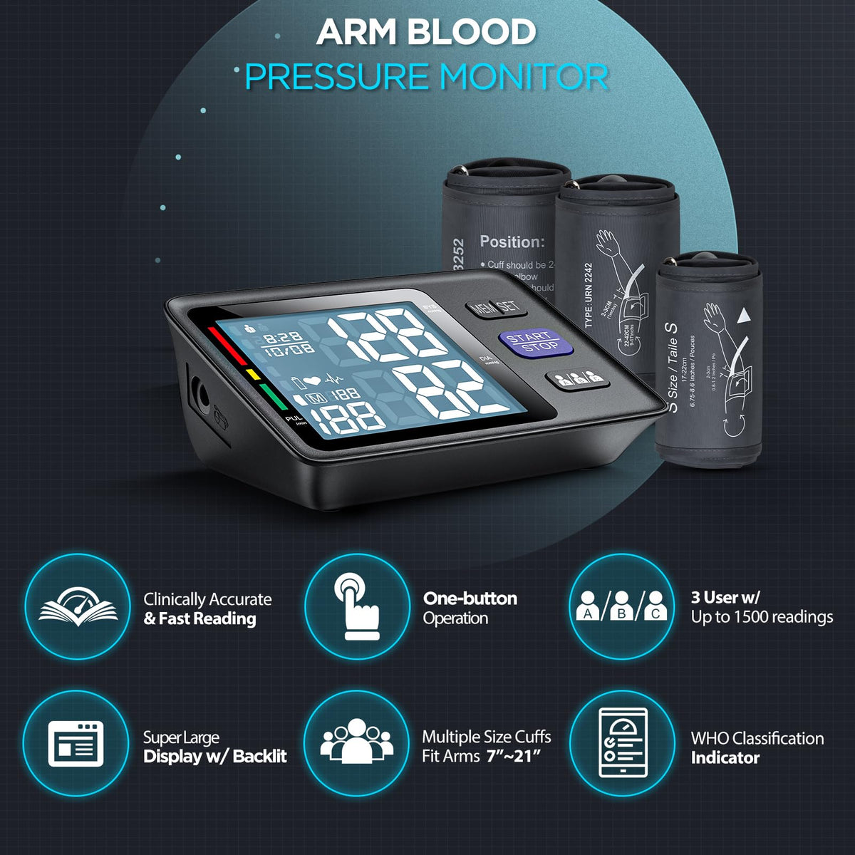 Blood Pressure Machine Upper Arm, 3 Size Cuffs, Automatic Digital BP Monitor, Large Backlit LCD N382