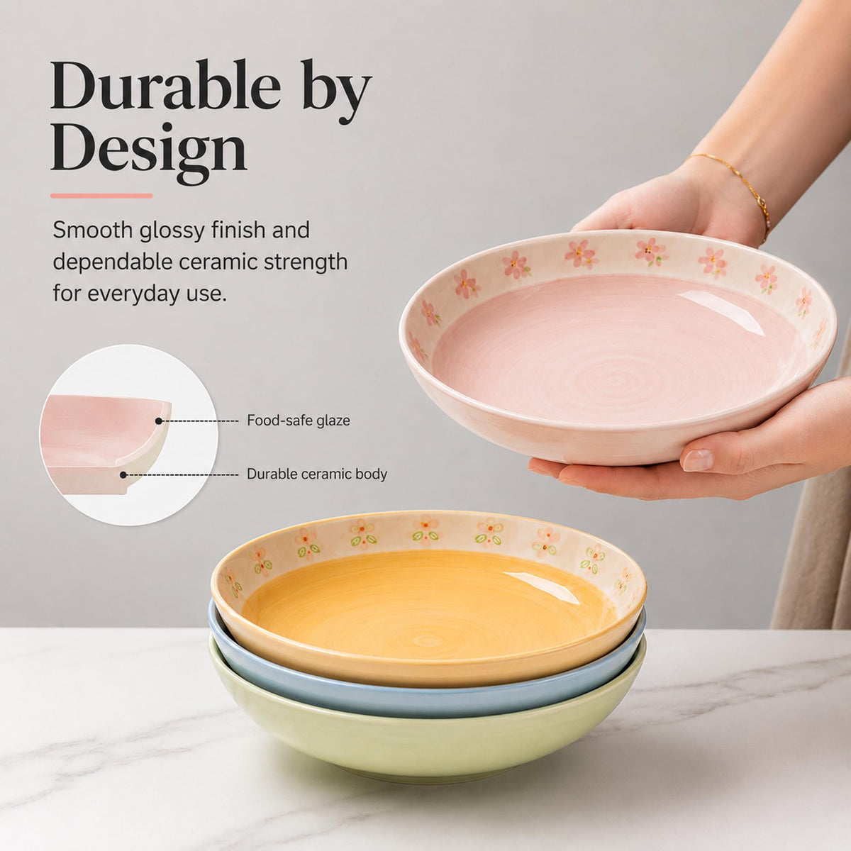 Hand-Painted Floral Ceramic Pasta Bowls Set of 4 M808516