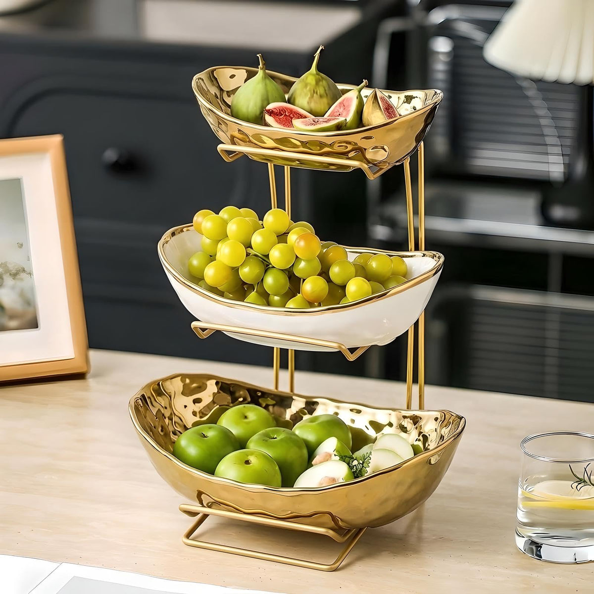 3-Tier Gold Fruit Bowl & Tray with Metal Stand V237