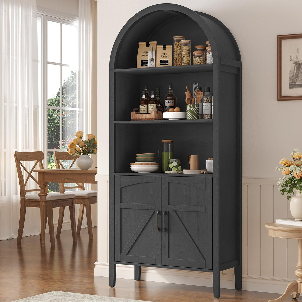 Black 5-Tier Arched Bookshelf with Door L10399