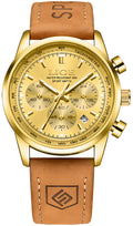 Gold-Tone Quartz Chronograph Watch Brown Leather Strap B5924