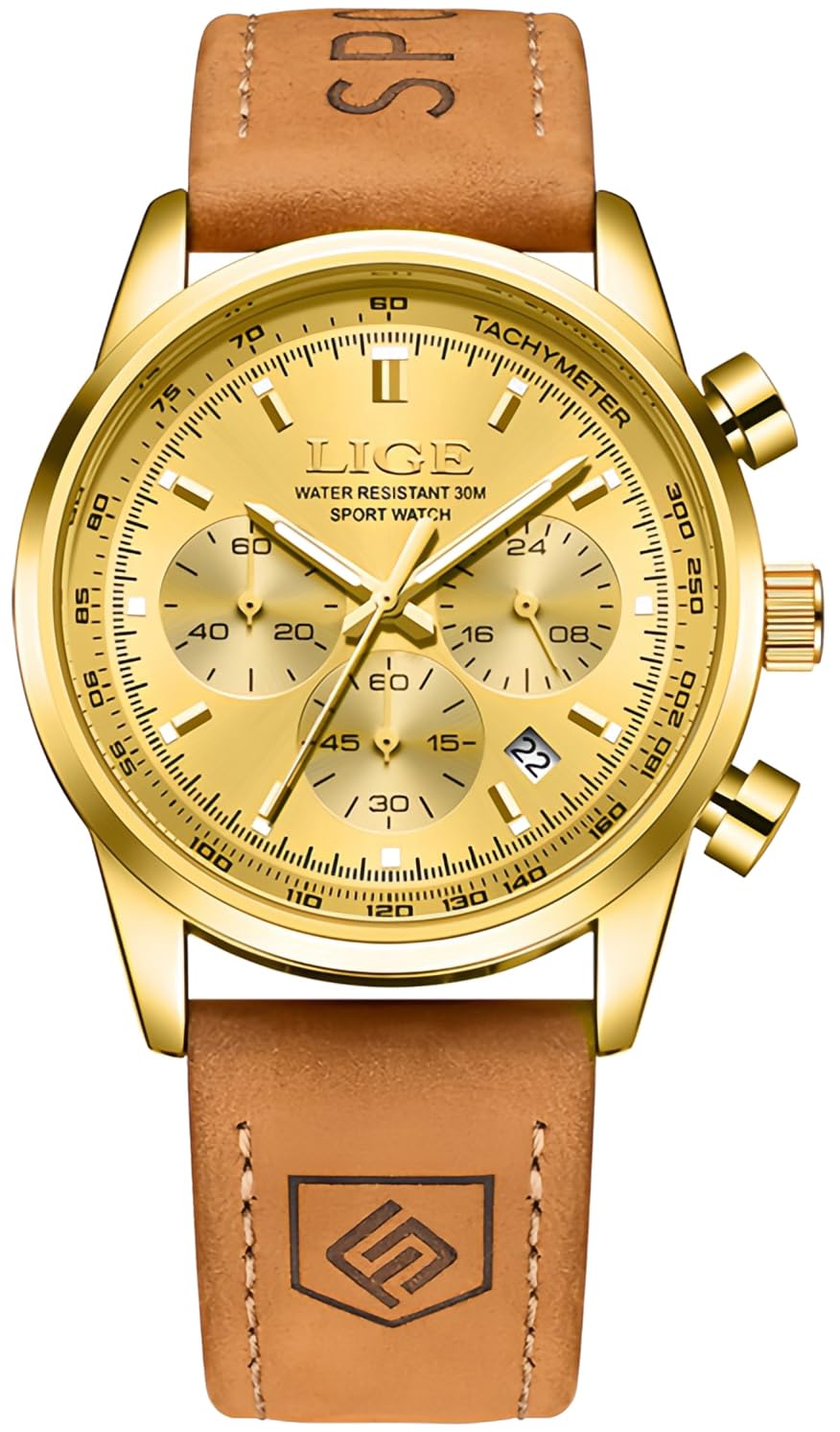 Gold-Tone Quartz Chronograph Watch Brown Leather Strap B5924
